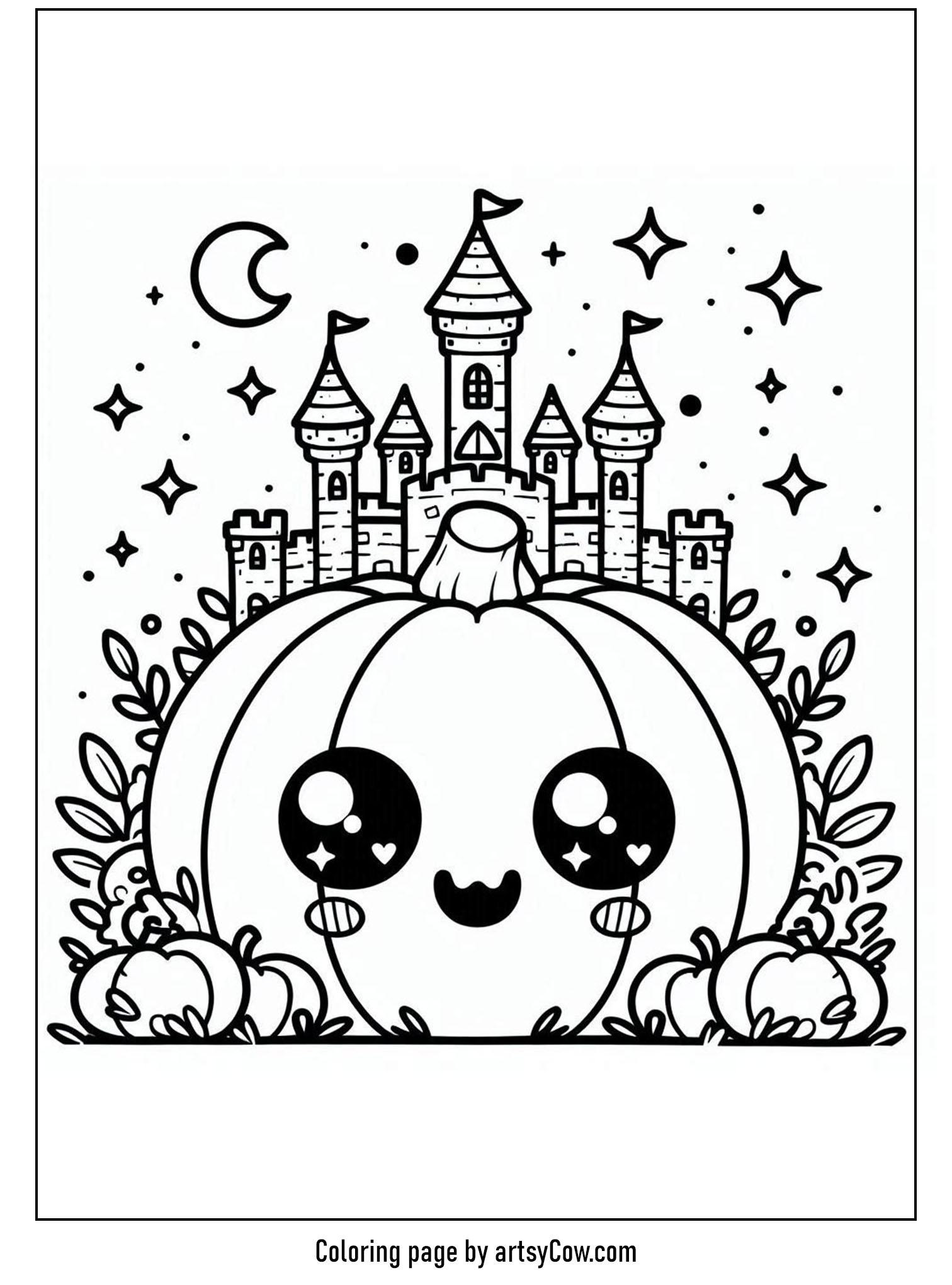 halloween coloring pages with jack-o-lantern featuring a whimsical pumpkin underneath a fairy tale castle, with stars and the crescent moon overhead